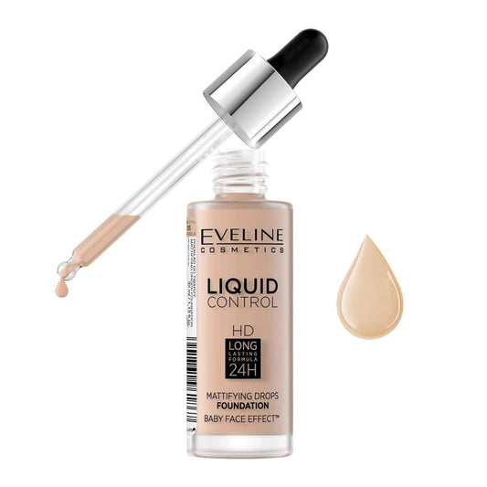 Eveline Liquid Control HD Long Lasting 24H Mattifying Drop Foundation, 020 Rose Beige - Front View