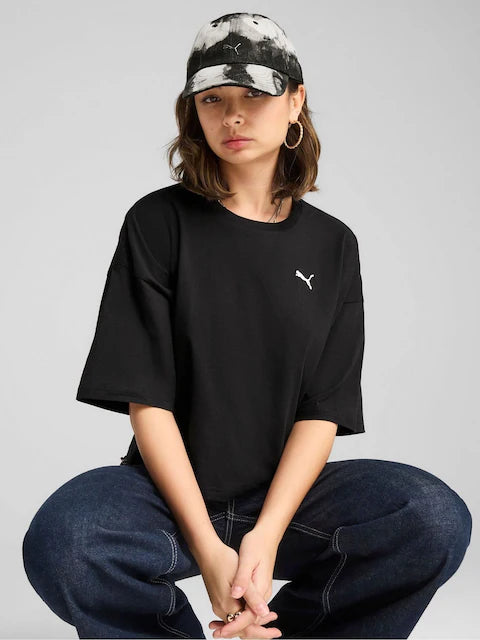 Pum@ Black Cotton Relaxed Fit Printed Oversized T-Shirt For Women's