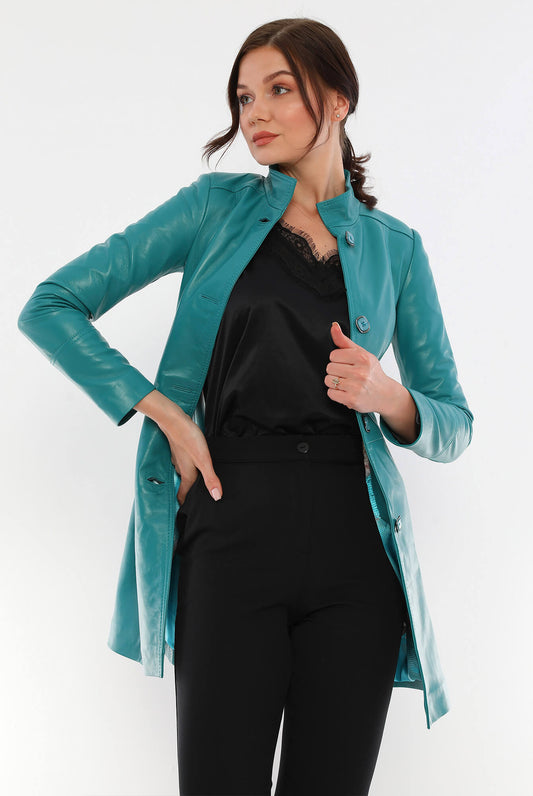 Paris Turquoise Leather Trench Coat For Women