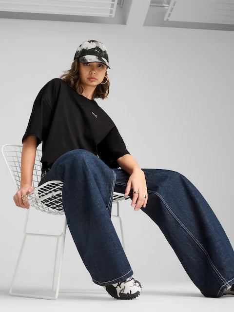 Pum@ Black Cotton Relaxed Fit Printed Oversized T-Shirt For Women's