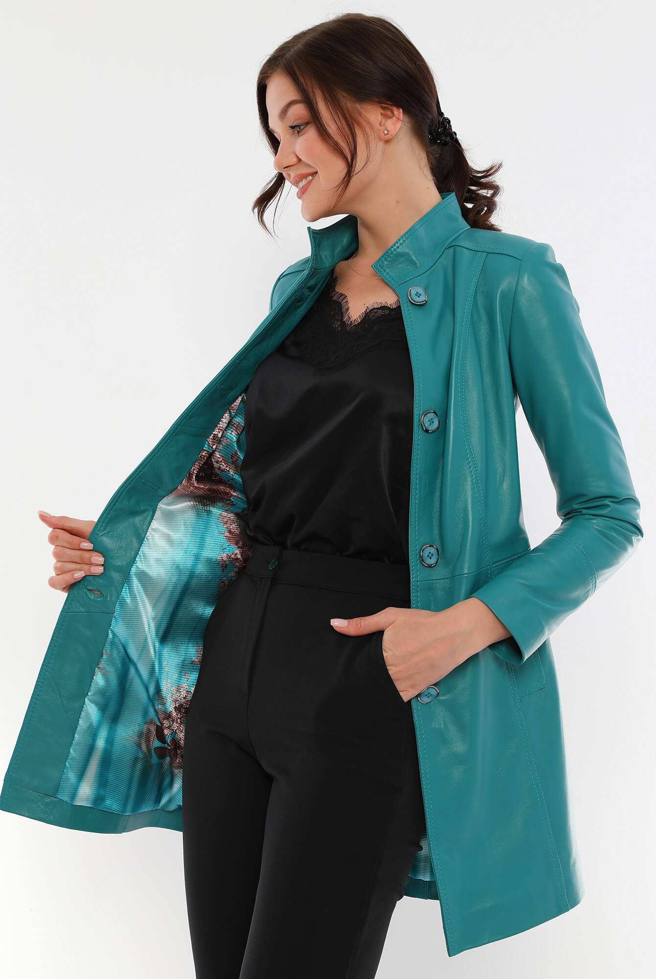 Paris Turquoise Leather Trench Coat For Women