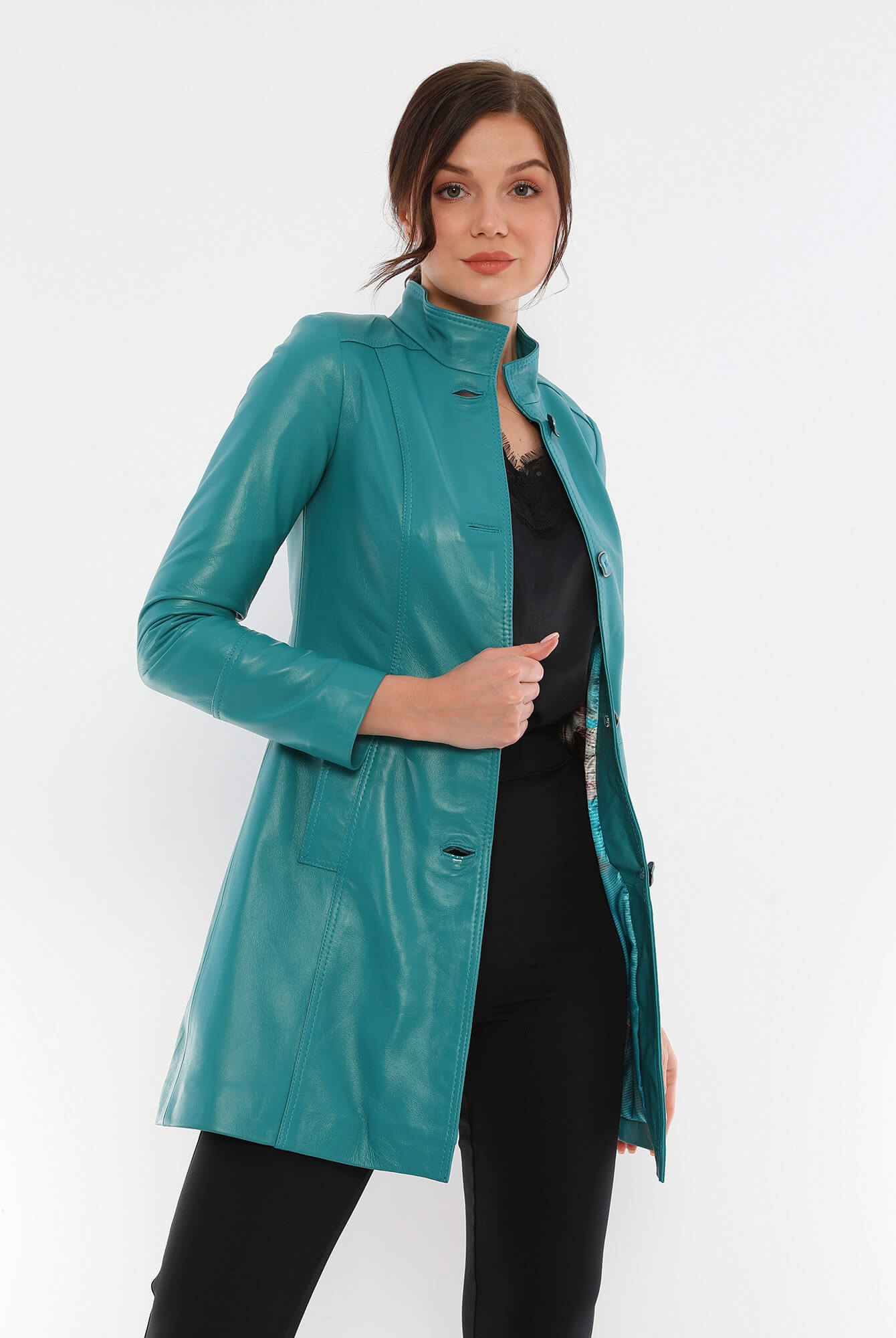 Paris Turquoise Leather Trench Coat For Women