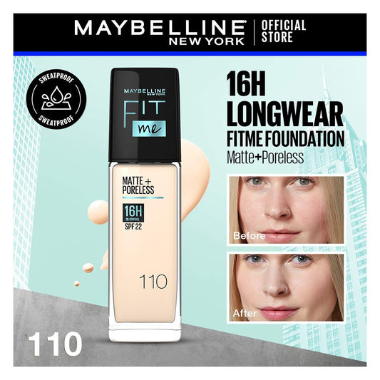 Maybelline New York Fit Me Matte + Poreless SPF 22 Foundation, 110 Porcelain, 30ml - Front View