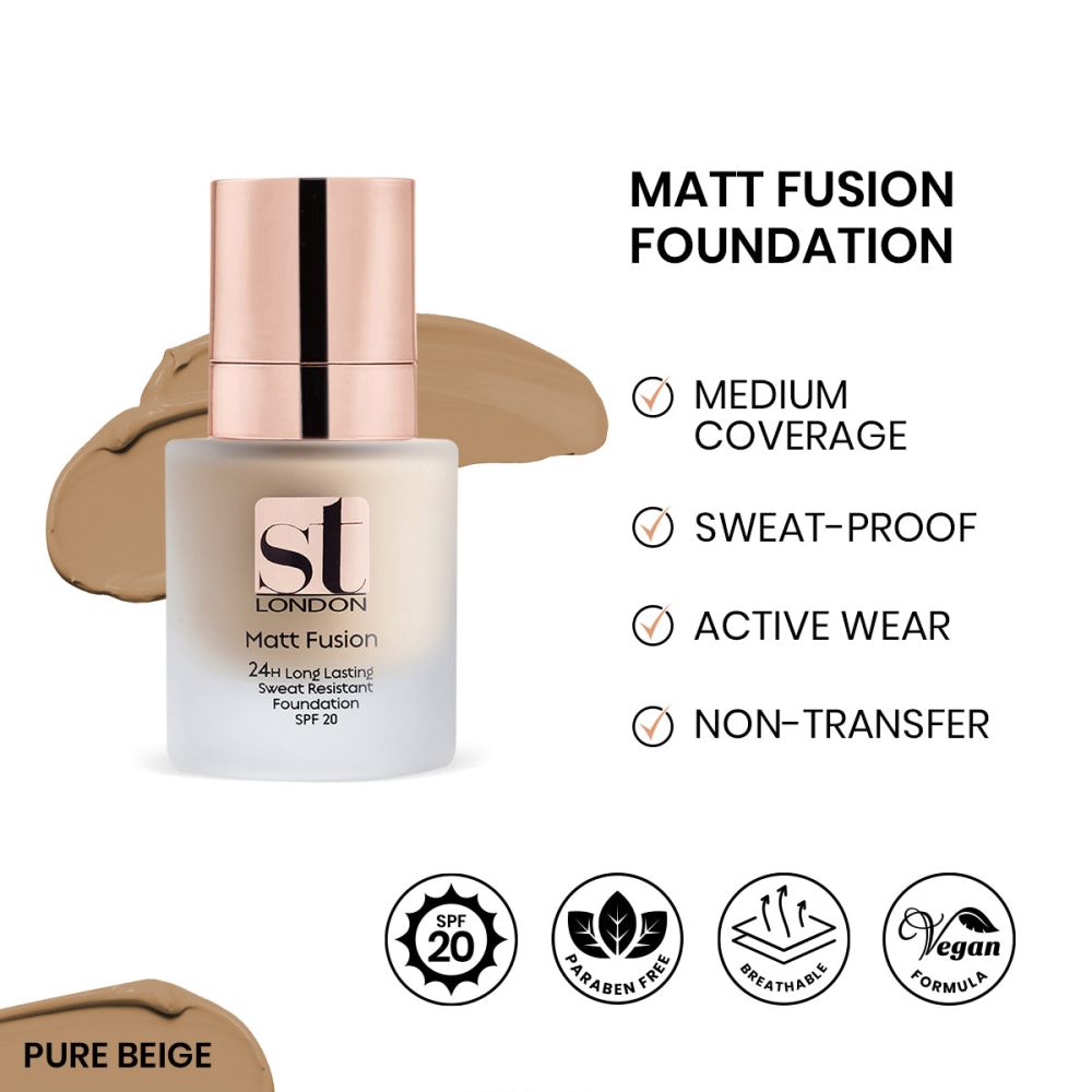 ST London Matt Fusion 24H Long Lasting Sweat Resistant Foundation, SPF 20, Pure Beige - Front View