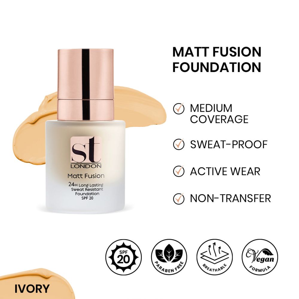 ST London Matt Fusion 24H Long Lasting Sweat Resistant Foundation, SPF 20, Ivory Nude - Front View