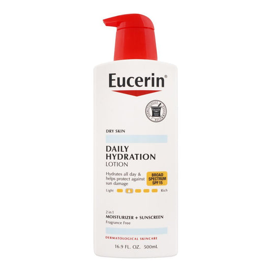 Eucerin Daily Hydration Moisturizer + Sunscreen Lotion, Dry Skin, SPF 15, Fragrance Free, 500ml -  Front View