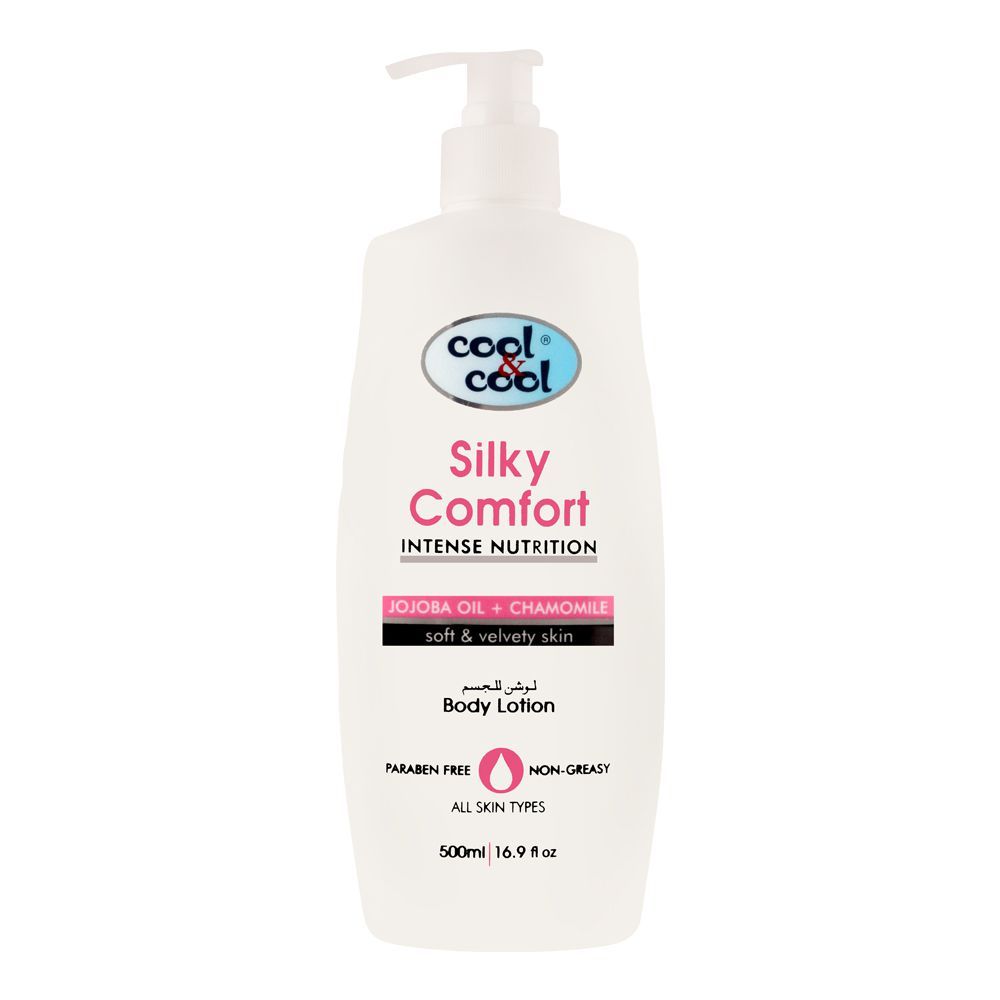 Cool & Cool Intense Nutrition Silky Comfort Jojoba Oil + Chamomile Body Lotion, All Skin Types, 500ml -  Front View