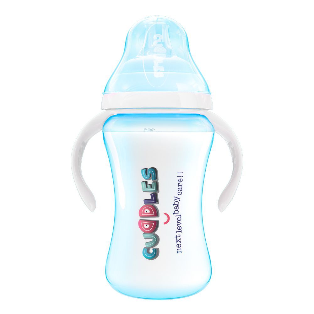 Cuddles Wide Neck Anti-Colic Feeding Bottle, 6m+, Blue, 260ml - Front View