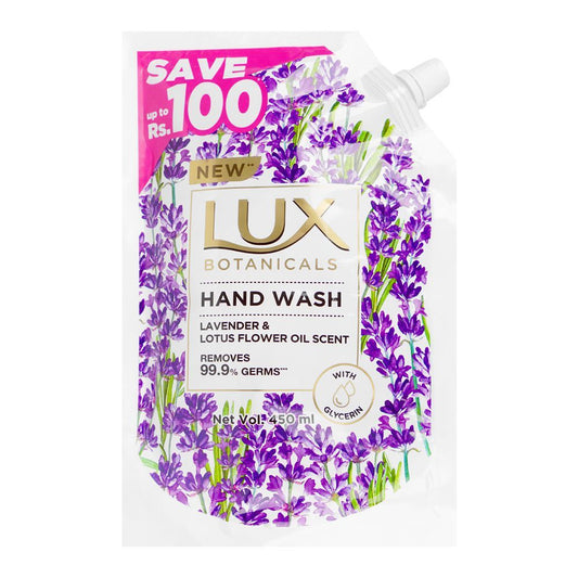 Lux Botanicals Lavender & Lotus Flower Oil Hand Wash, 450ml Refill Pouch, Save Rs.100/- - Front View