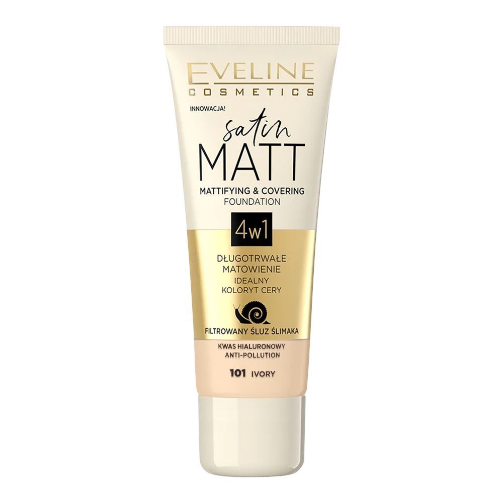 Eveline Satin Matt 4in1 Mattifying & Covering Foundation, 101, Ivory - Front View