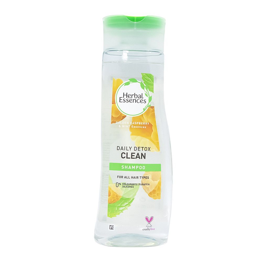 Herbal Essences Daily Detox Clean Golden Raspberry & Mint Essences Shampoo, For All Hair Types, 0% Colourants, Paraffin, Silicones, Cruelty-Free, 400ml - Front View