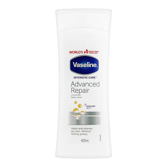 Vaseline Intensive Care Advanced Repair Unscented Body Lotion, Heals & Relieves Dry Skin Without Feeling Greasy, 400ml -  Front View