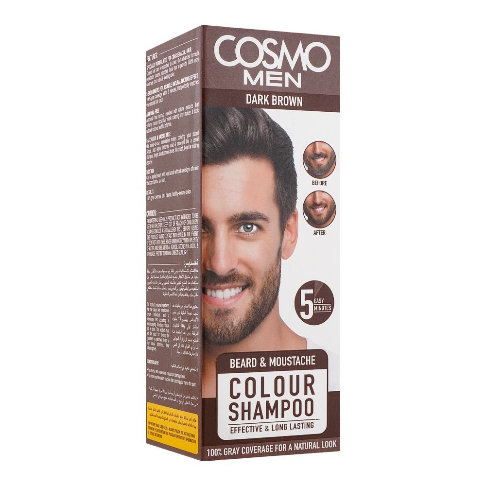 Cosmo Men Beard & Moustache Color Shampoo, Effective & Long Lasting, Dark Brown - Front View