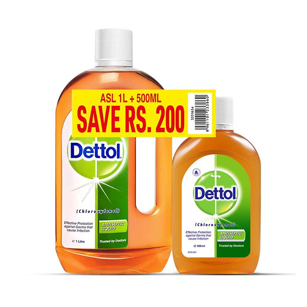 Dettol Antiseptic Liquid, 1000ml+500ml, Save Rs.200/- - Front View