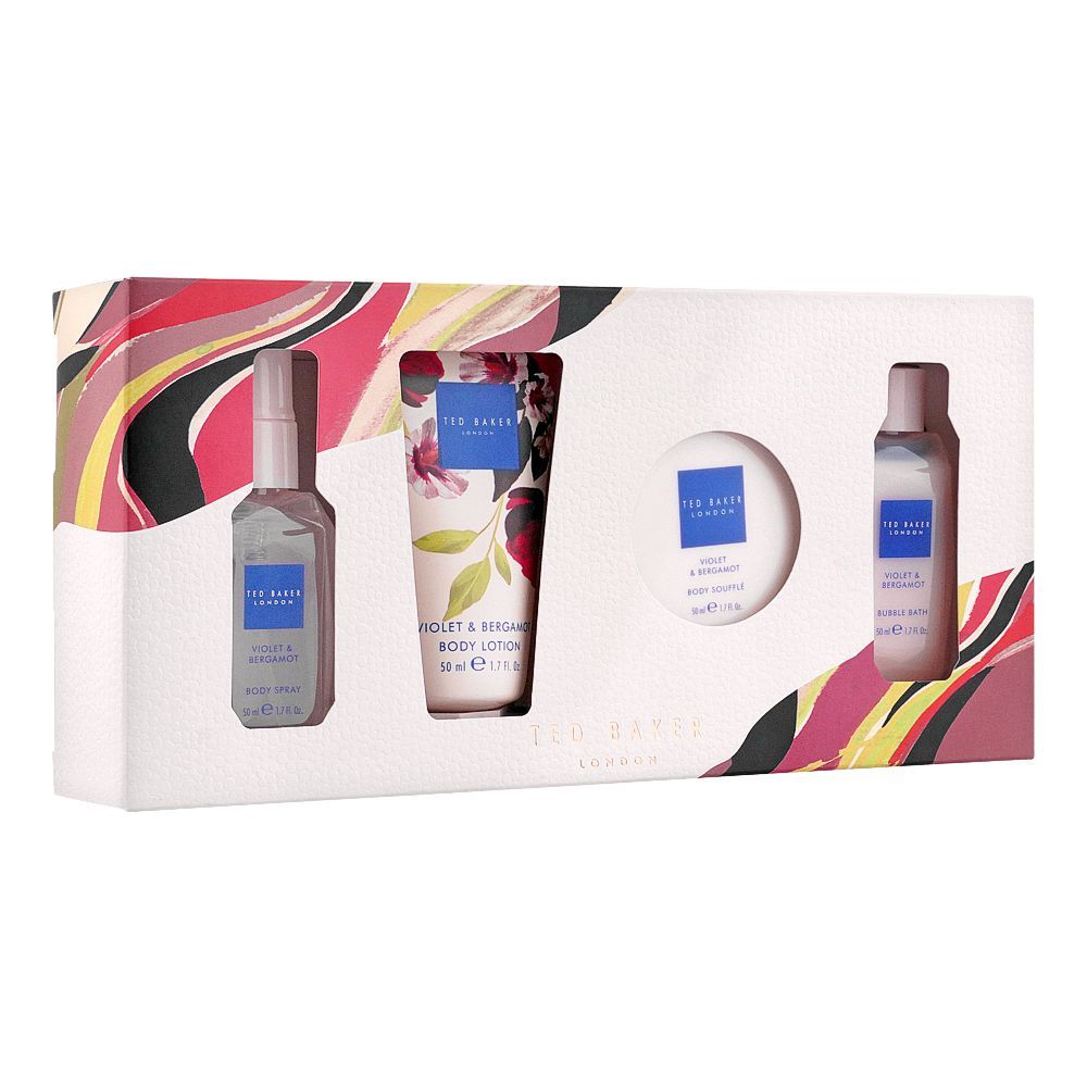 Ted Baker Violet & Bergamot Mini Set Body Spray + Body Lotion + Body Souffle + Bubble Bath -  Front View