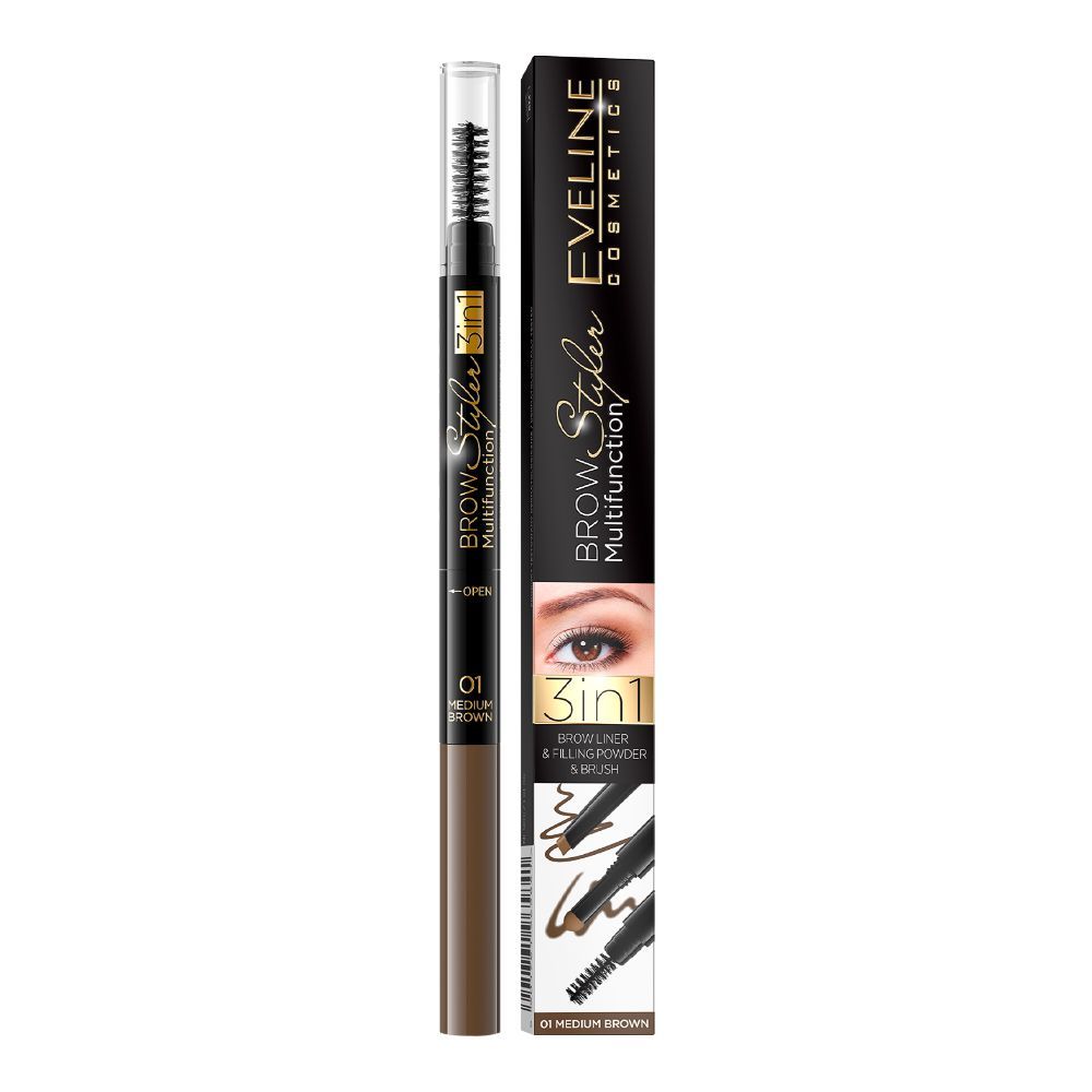 Eveline Brow Multifunction 3-In-1 Brow Liner & Filling Powder & Brush, 01 Medium Brown - Front View