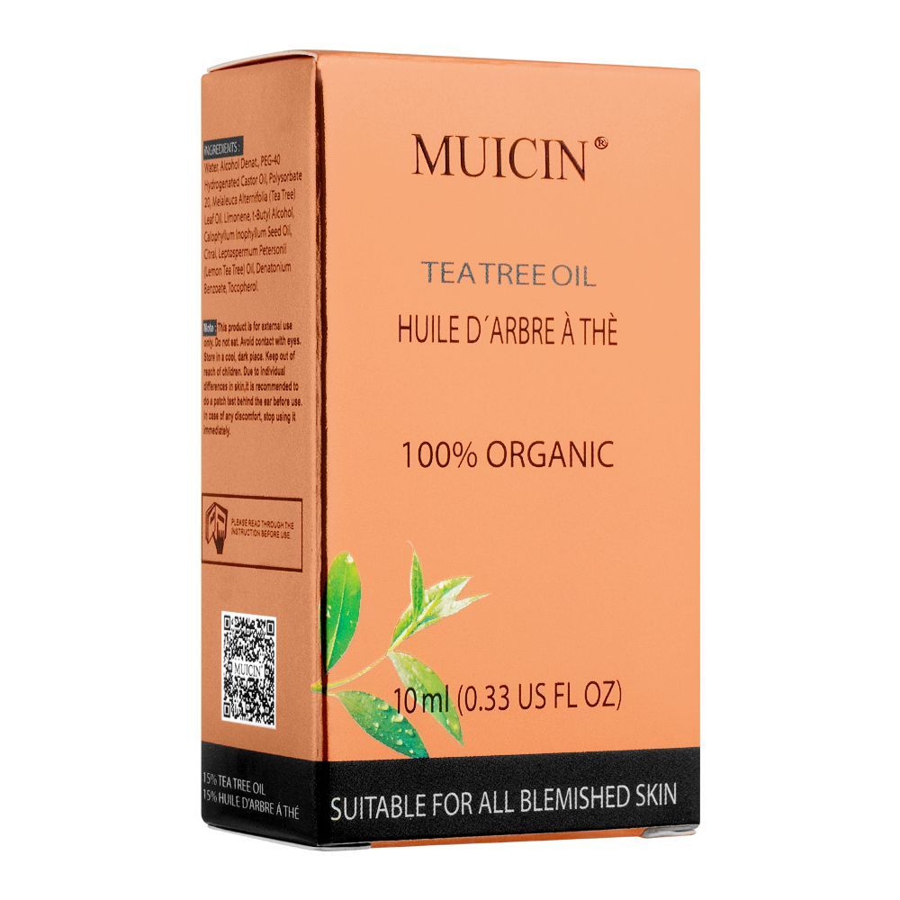 Muicin 100% Organic Tea Tree Oil, Suitable For Blemished Skin, 10ml - Front View