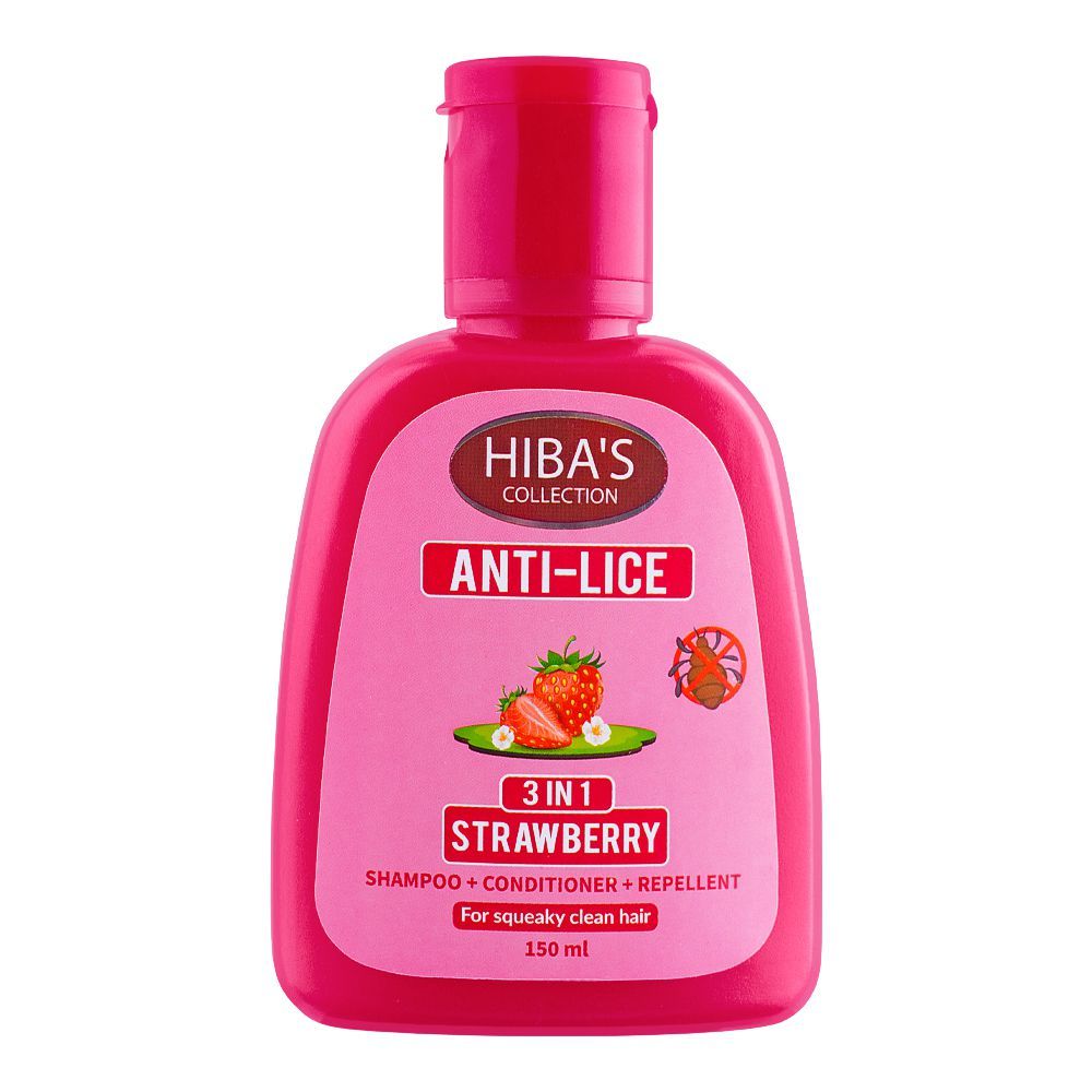 Hiba's Collection Anti Lice 3-In-1 Strawberry Shampoo + Conditioner + Repellant, For Squeaky Clean Hair, 150ml - Front View