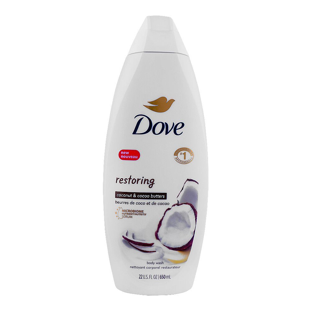 Dove Restoring Coconut & Cocoa Butters Micro Biome Nutrient Serum Body Wash, 650ml - Front View