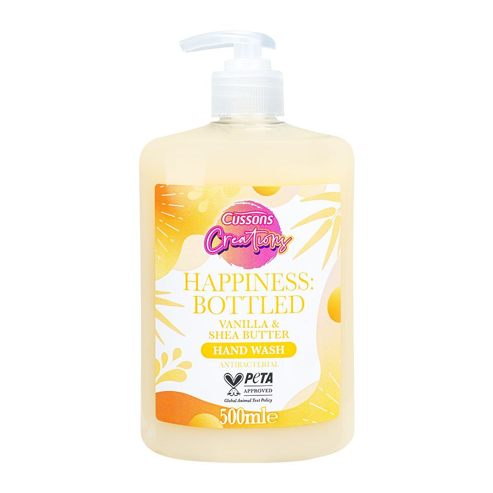 Cussons Creations Happiness Bottled Vanilla & Shea Butter Antibacterial Hand Wash, 500ml - Front View