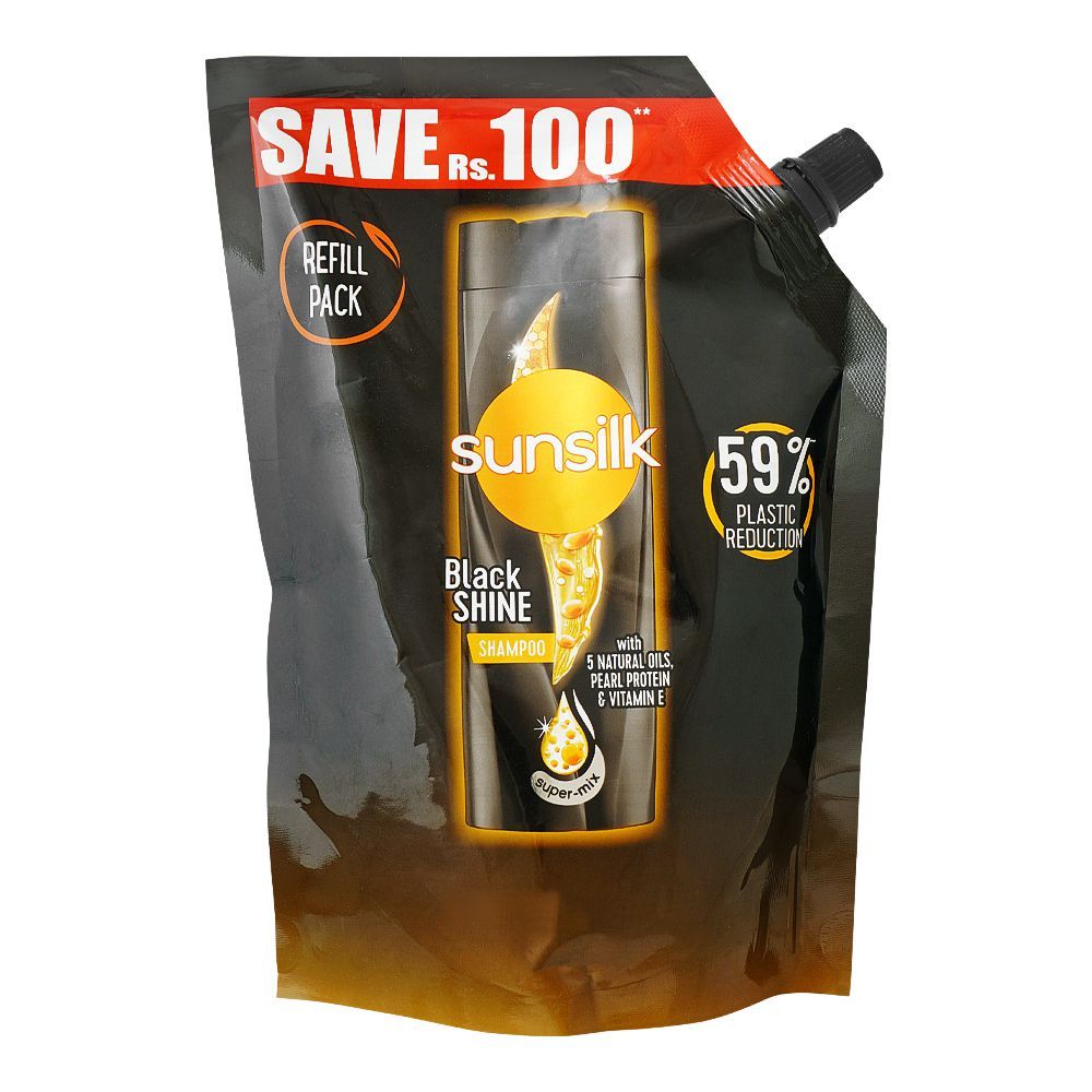 Sunsilk Black Shine 5 Natural Oils, Pearl Protein & VitaminE Shampoo, 360ml, Refill Pack Save Rs.100 - Front View