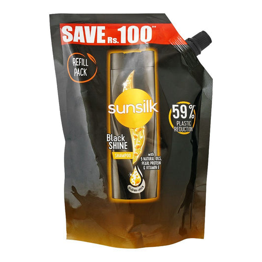 Sunsilk Black Shine 5 Natural Oils, Pearl Protein & VitaminE Shampoo, 360ml, Refill Pack Save Rs.100 - Front View