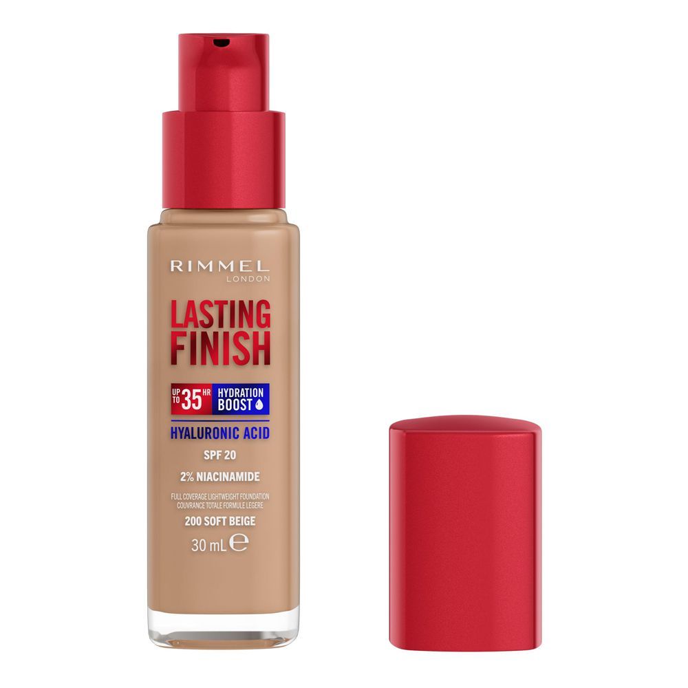 Rimmel London Lasting Finish Up to 35 Hour Hydration Boost Foundation, 200 Soft Beige, 30ml - Front View