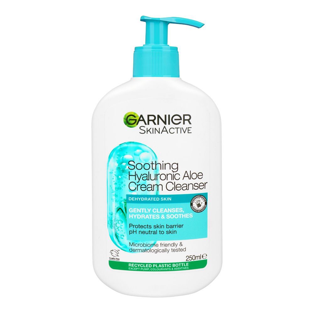 Garnier Skin Active Soothing Hyaluronic Aloe Cream Cleanser, PH Neutral, For Dehydrated Skin, 250ml - Front View