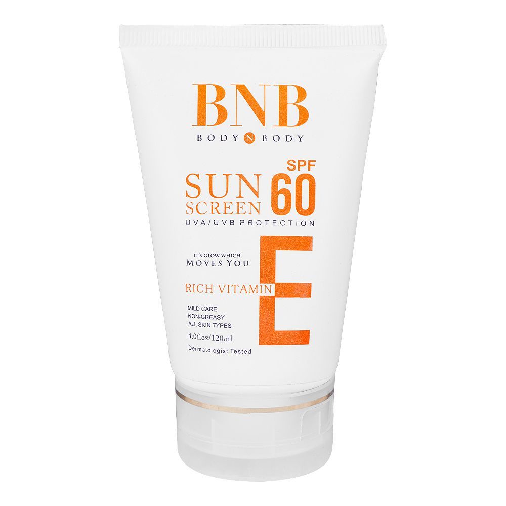 BNB Rich Vitamin E Sun Screen, SPF60, UVA/UVB Protection, For All Skin Types, 120ml - Front View