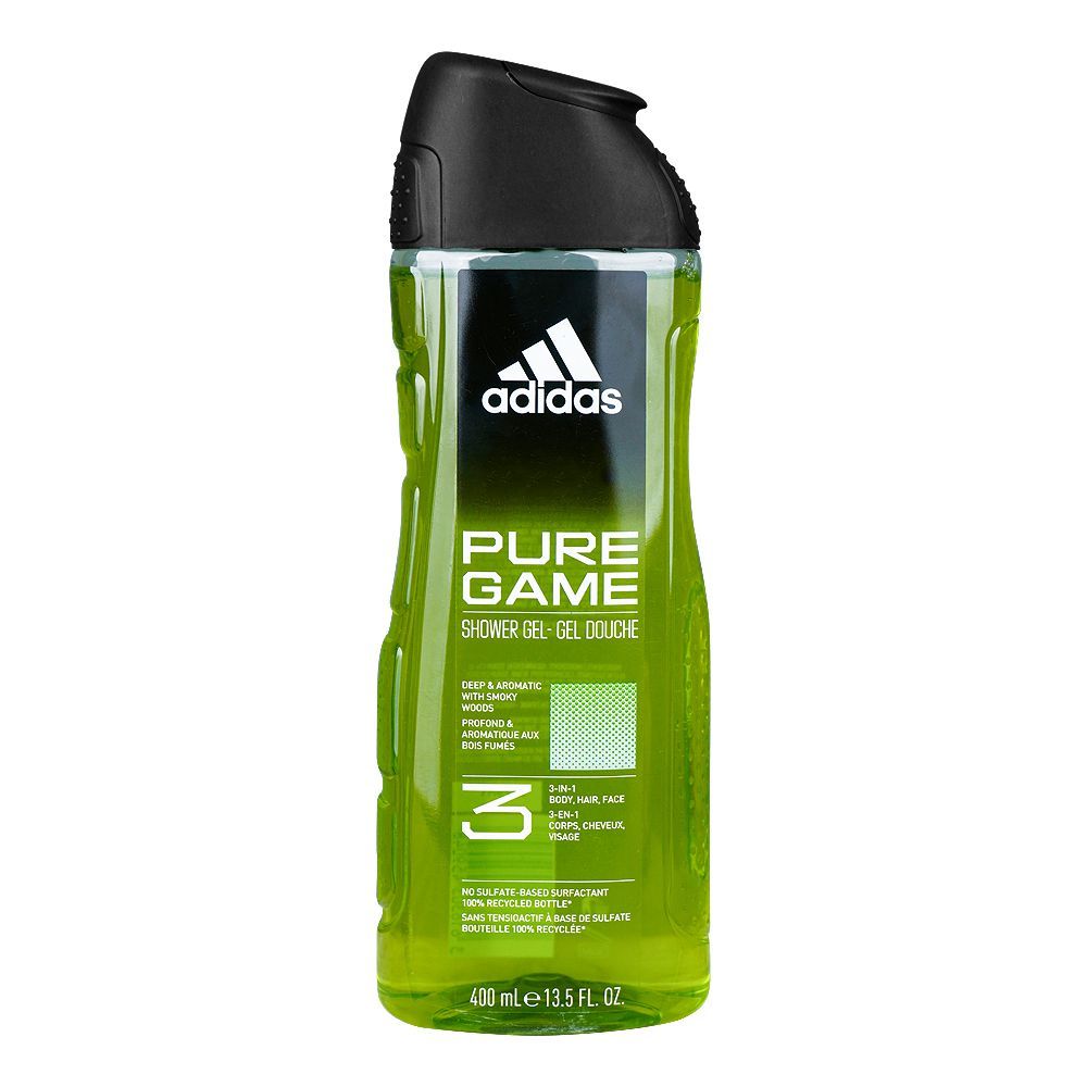 Adidas Pure Game Deep & Aromatic Smoky Woods 3in1 Body, Hair & Face Shower Gel, 400ml - Front View