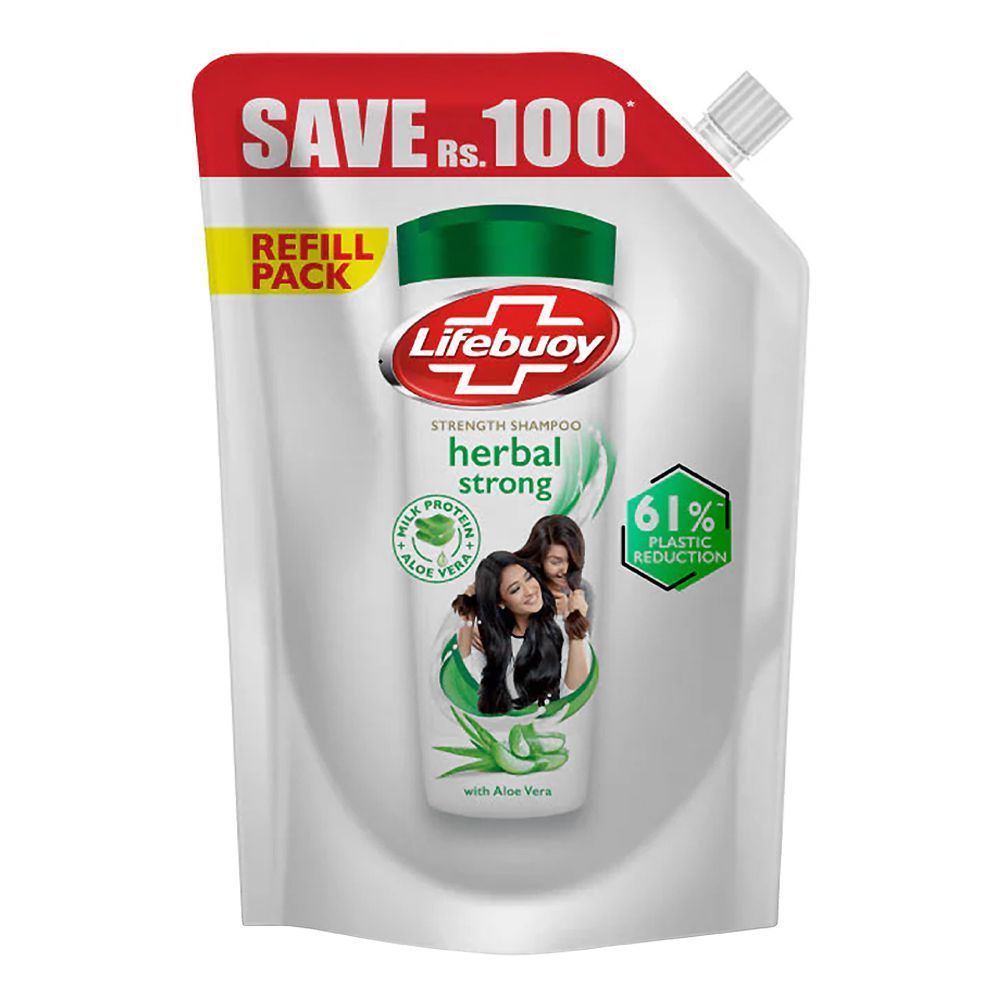 Lifebuoy Herbal Strong Milk Protein+Aloe Vera Strength Shampoo Refill Pack, 360ml - Front View