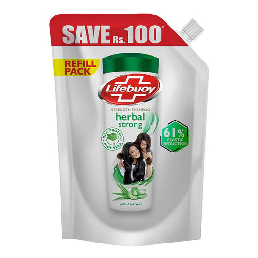 Lifebuoy Herbal Strong Milk Protein+Aloe Vera Strength Shampoo Refill Pack, 360ml - Front View