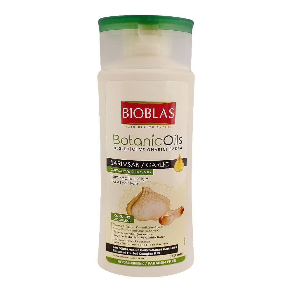 Bioblas Botanic Oil Nourishing And Repairing Care Garlic Shampoo, Prevents Hair Loss, Paraben Free, All Hair Types, 360ml - Front View