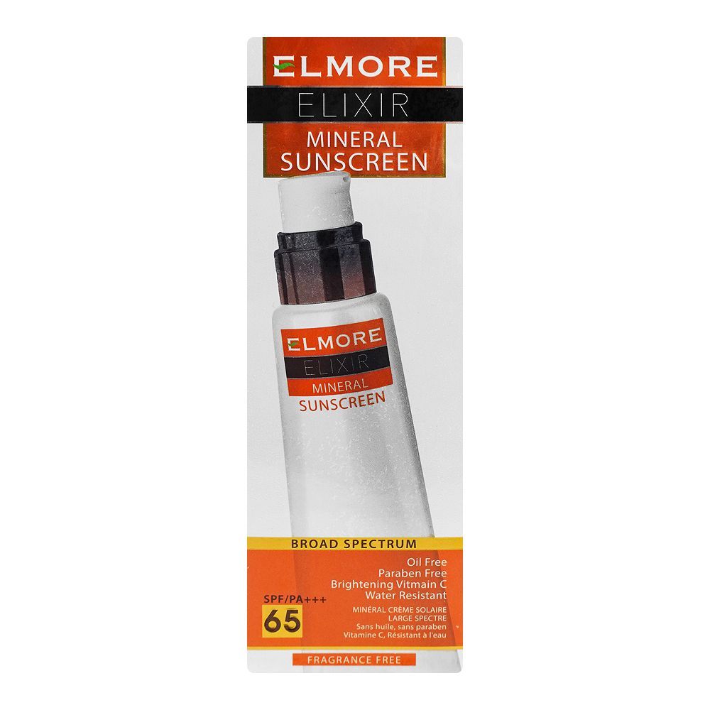 Elmore Elixir Mineral Sunscreen With Vitamin-C, Broad Spectrum, SPF-65, PA+++, Oil & Paraben Free, Water Resistant, 100ml - Front View