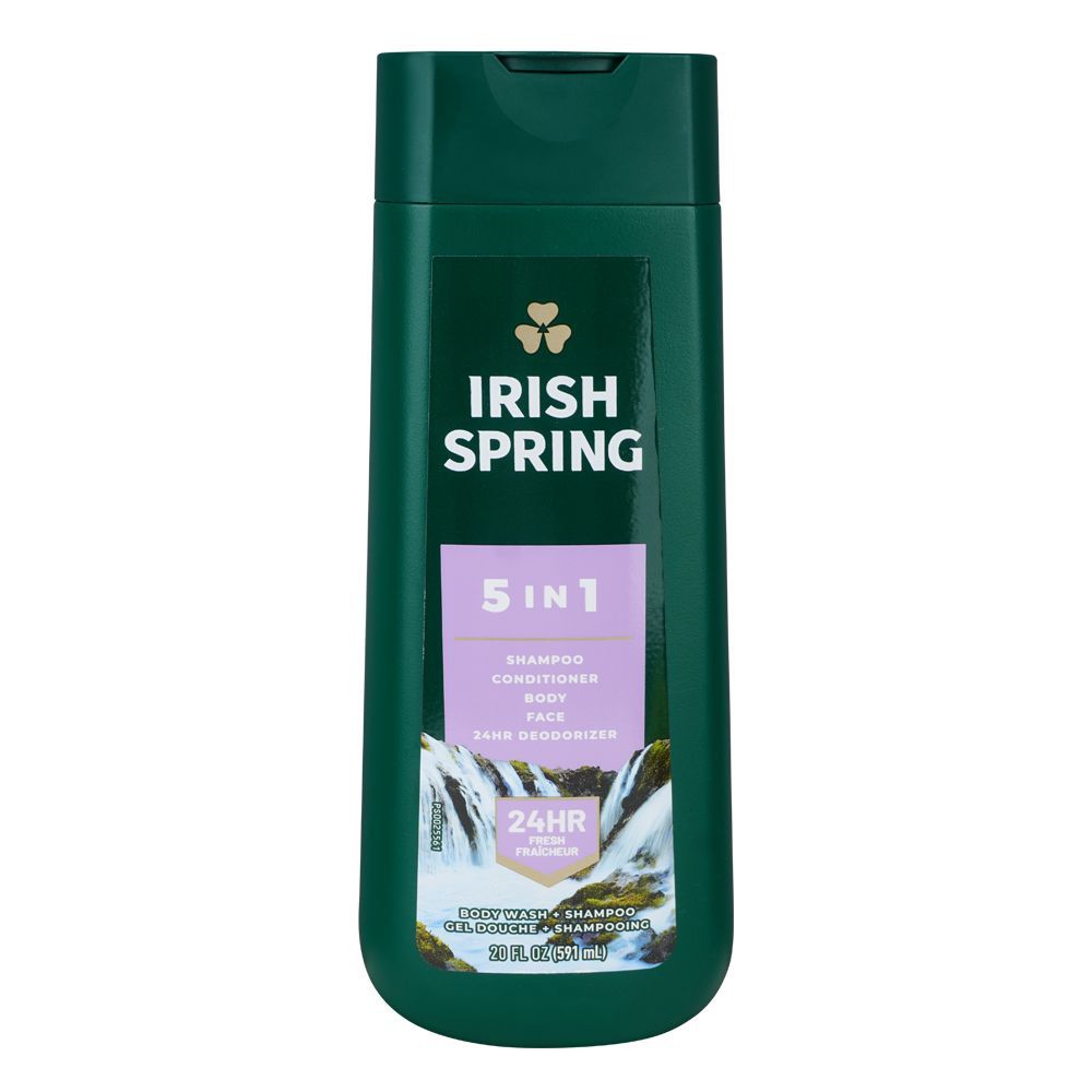 Irish Spring 5in1 Shampoo And Conditioner, Face + Body Wash, 24 Hours Deodorizer, Parabens Free, 591ml - Front View