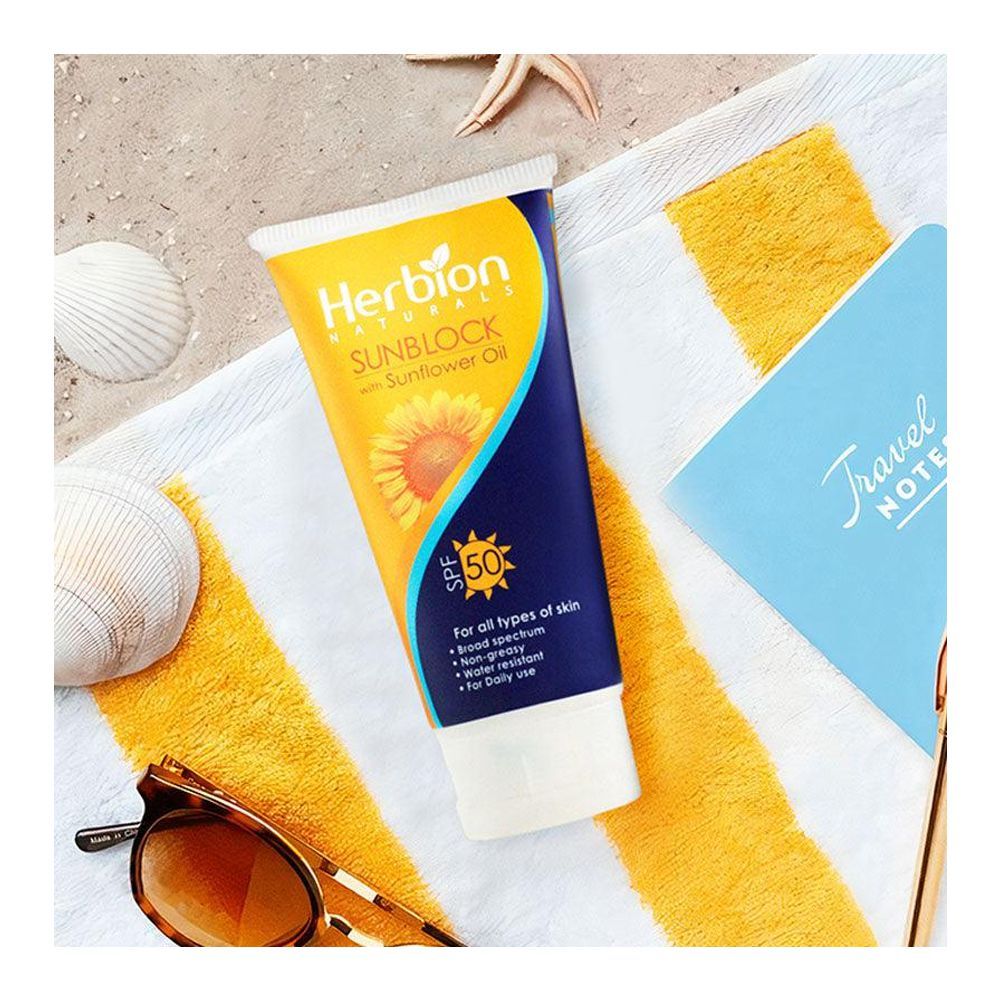 Herbion Naturals Sunblock With Sunflower Oil & Shea Butter, SPF-50, 100ml - Front View