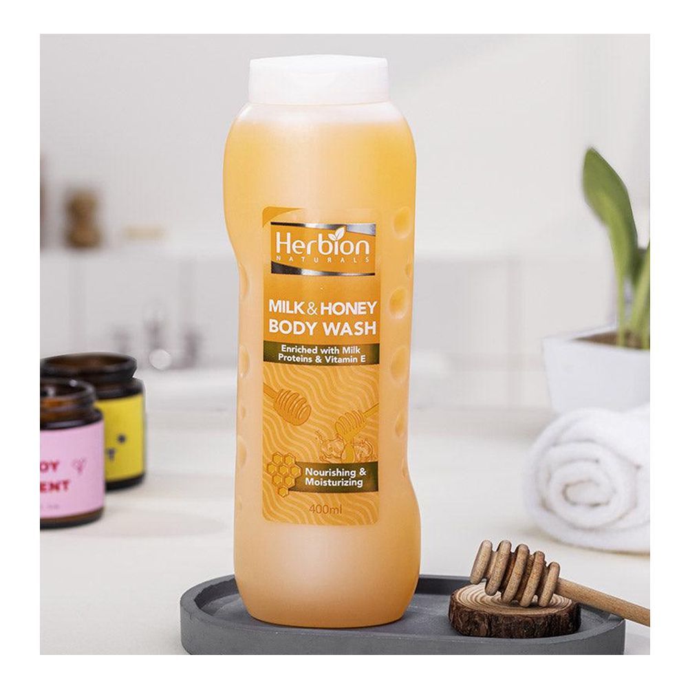 Herbion Naturals Nourishing & Moisturizing Milk & Honey Body Wash, Paraben Free, 400ml - Front View