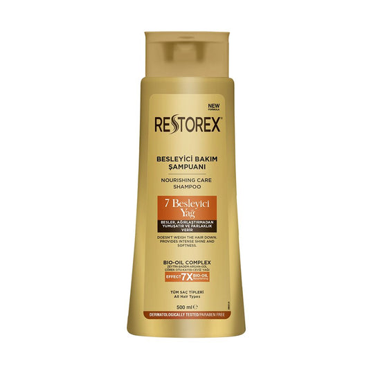 Restorex 7 Nourishing Oils Nourishing Care Shampoo, For Dry, Normal and Damaged Hair, Paraben Free, 500ml - Front View