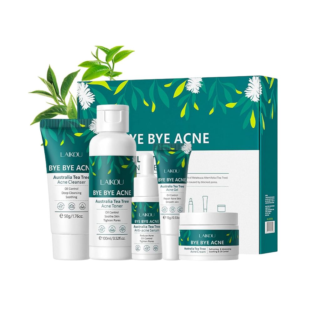 LAIKOU Tea Tree Anti-Acne Skincare Set With Cleanser, Toner, Serum, Cream, Gel, For All Skin Types, LK92993A - Front View