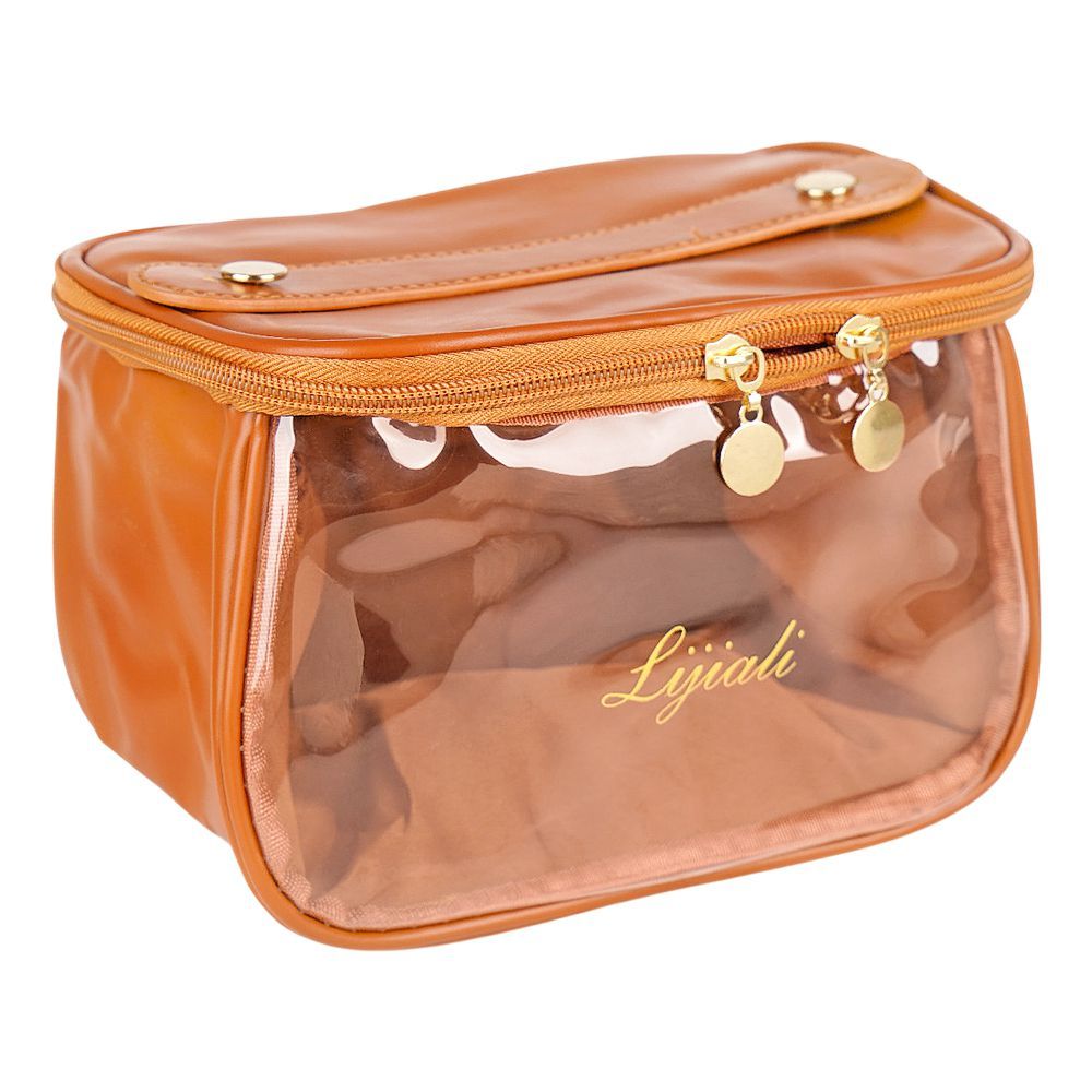 PU Leather Transparent Makeup Bag, Travel Cosmetic Organizer, Brown, AF-63 - Front View