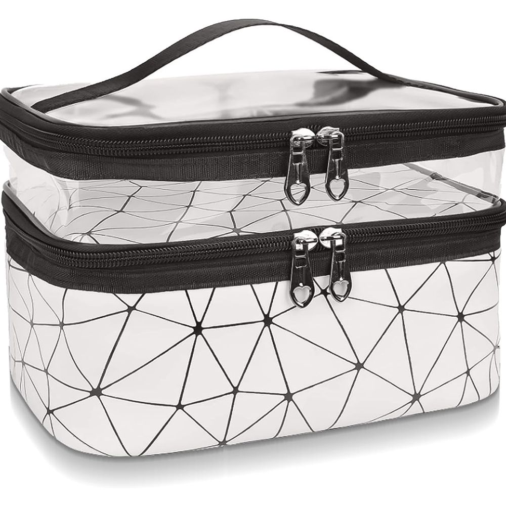 Waterproof Double Layer Zipper Travel Cosmetic Bag, Makeup Organizer & Toiletry Pouch, Silver - Front View