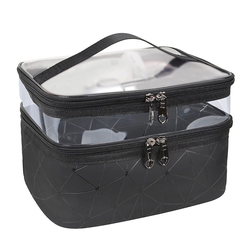 Waterproof Double Layer Zipper Travel Cosmetic Bag, Makeup Organizer & Toiletry Pouch, Black - Front View