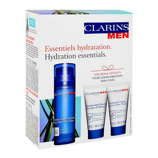 Clarins Men Hydration Essentials: Face Balm 50ml+Face Wash 30ml+2-in-1 Shampoo & Shower Gel 30ml+Eye Serum 0.9ml, 4-Pack - Front View