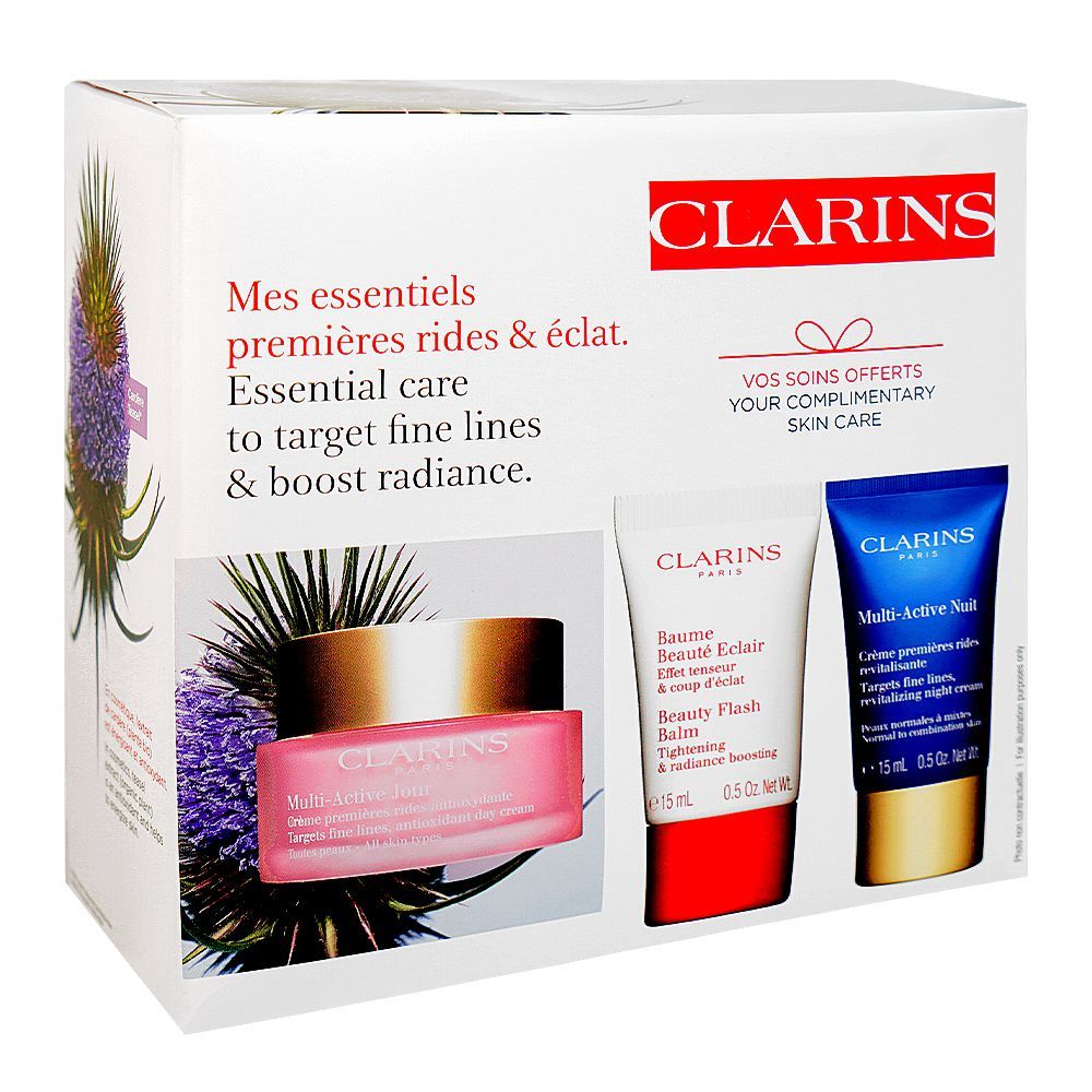 Clarins Paris Essential Care: Beauty Flash Balm 15ml+Multi-Active Day Cream 50ml+Night Cream 15ml, 3-Pack -  Front View