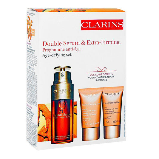 Clarins Paris Age-Defying Set: Face Double Serum 50ml+Extra Firming Day& Night Cream 15ml Each+Eye Serum 0.9ml, 4-Pack - Front View