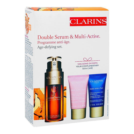 Clarins Paris Age-Defying Set: Face Double Serum 50ml+Multi-Active Day & Night Cream 15ml+Eye Serum 0.9ml, 4-Pack - Front View
