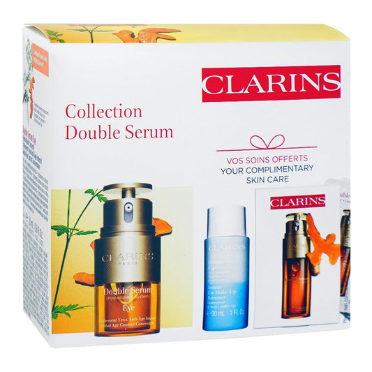 Clarins Paris Skincare Set: Eye Double Serum 20ml+Instant Eye Make-up Remover 30ml, Face Double Serum 7x0.9ml, 3-Pack - Front View