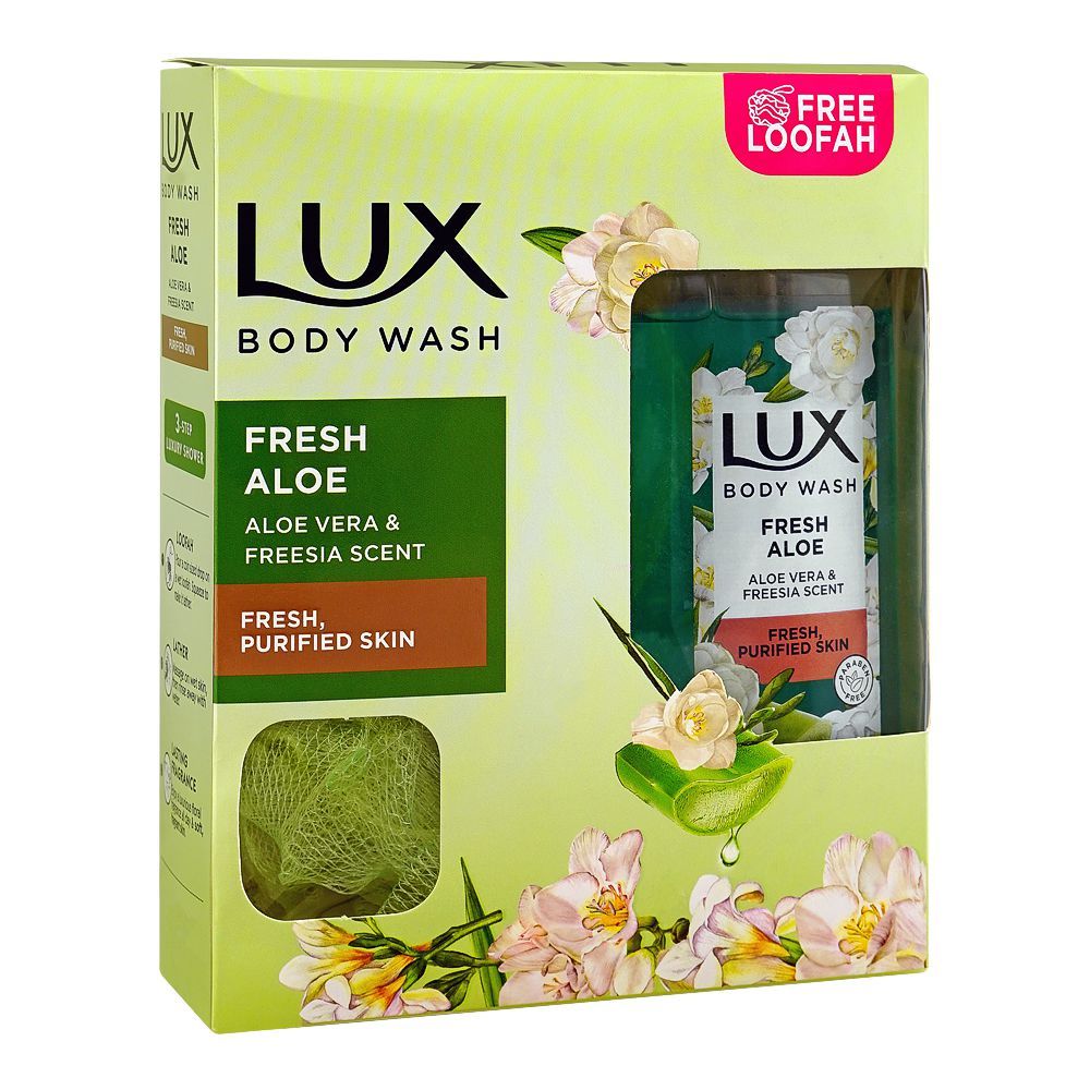 Lux Fresh Aloe Body Wash with Aloe Vera & Freesia Scent, Paraben Free, Free Loofah, 250ml - Front View