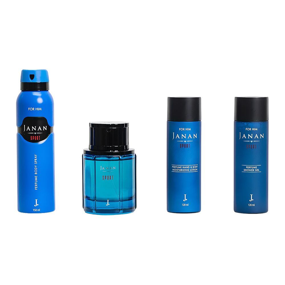 J. Janan Sport Gift Set, Eau de Parfum 100ml+Body Spray 150ml+Body Lotion & Shower Gel 120ml, For Men, 4-Pack - Front View