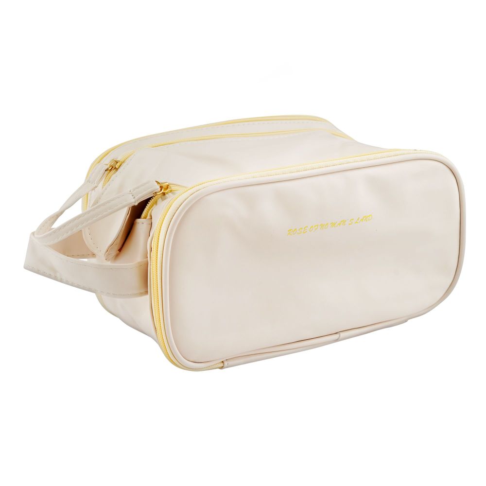 Large Waterproof Leather Makeup Bag, Portable Travel Cosmetic Organizer, White - Front View